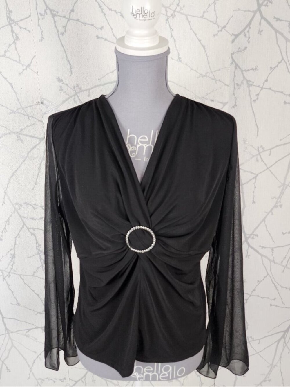 Laura Black Mesh Overlay Twisted Front Surplice Y2K Top